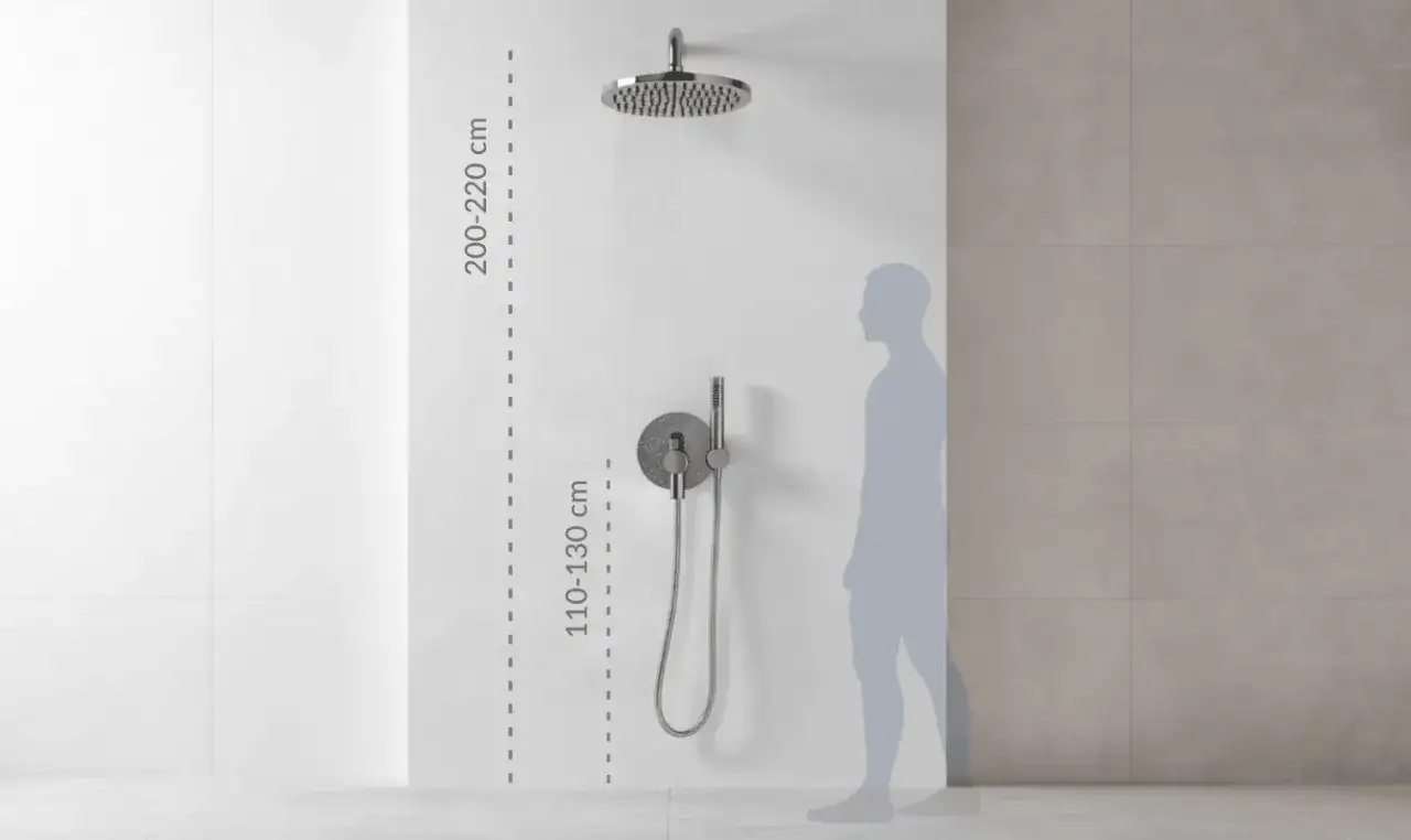Wysokość baterii prysznicowej: deszczownica 200-220 cm, panel sterujący 110-130 cm. Sylwetka pokazuje idealne dopasowanie.
