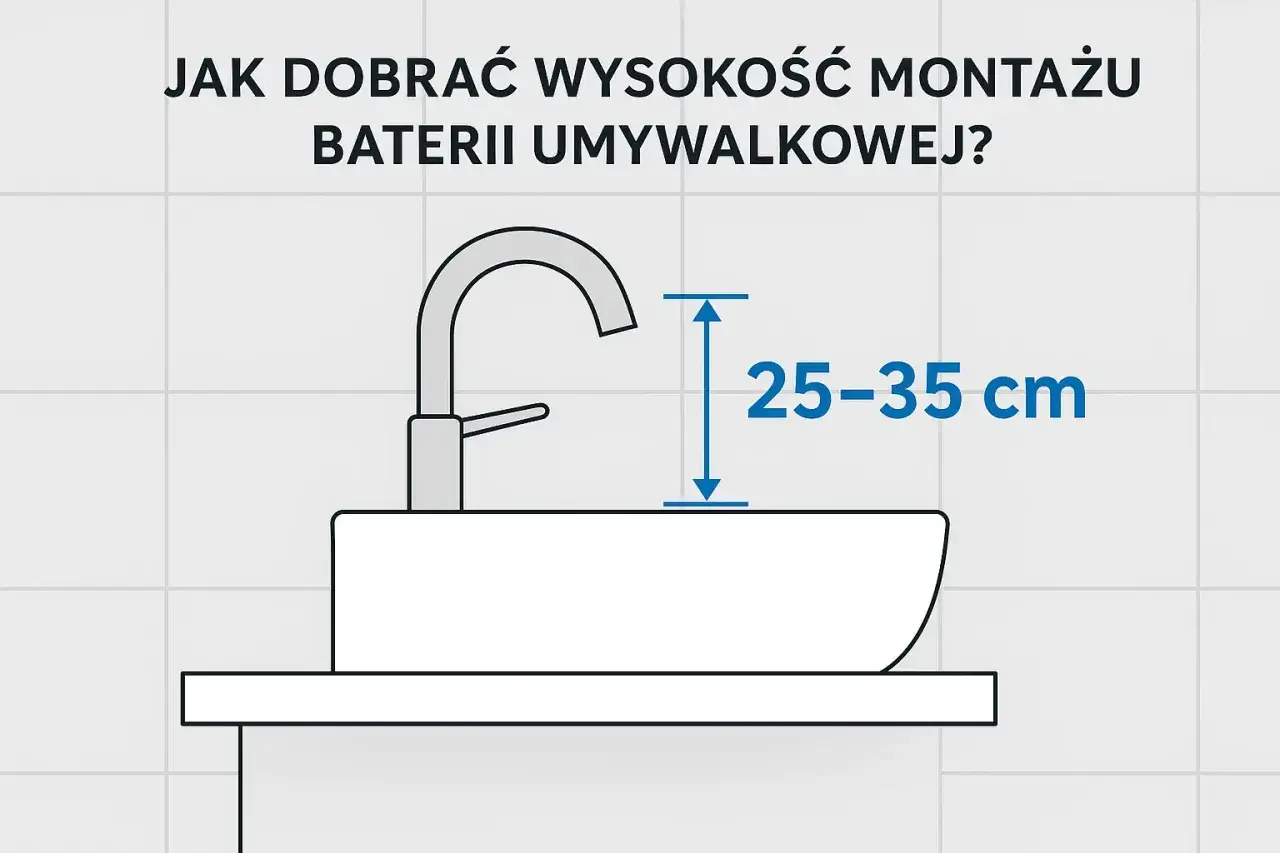 Wysokość umywalki: optymalny montaż baterii to 25-35 cm nad jej krawędzią.