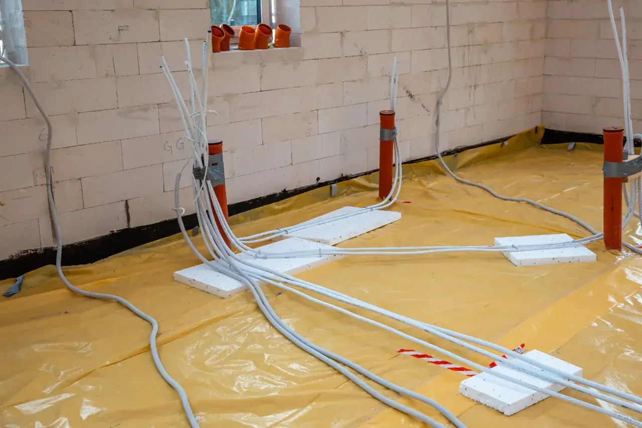 Na budowie widać instalację elektryczną. Białe rurki, czyli peszel, chronią przewody przed uszkodzeniem.