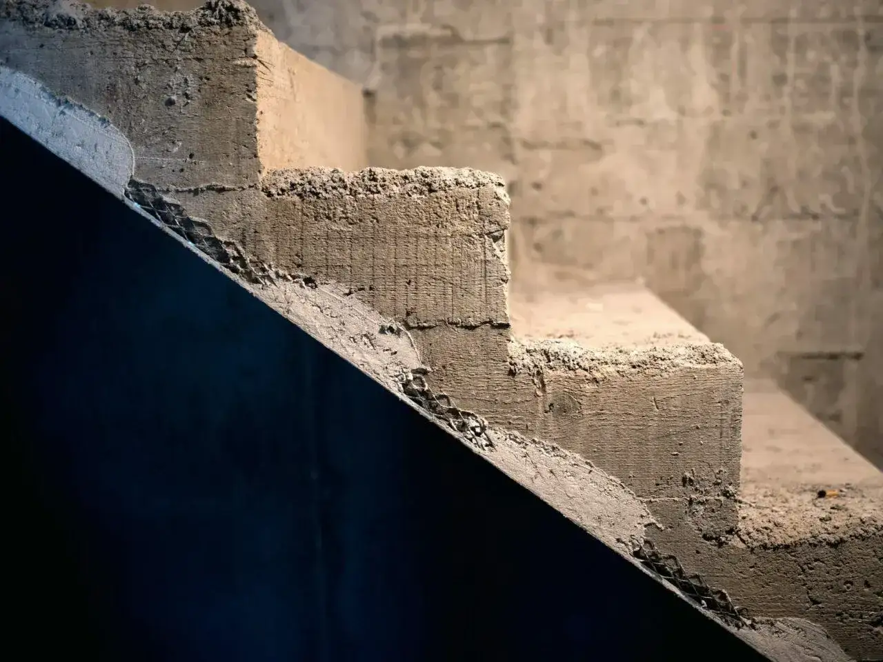 Surowe schody z betonu, gdzie szybki beton tworzy nierówne stopnie.