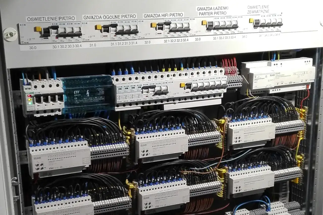 Złożona instalacja elektryczna z licznymi wyłącznikami, przekaźnikami i przewodami, uporządkowana w szafie sterowniczej.