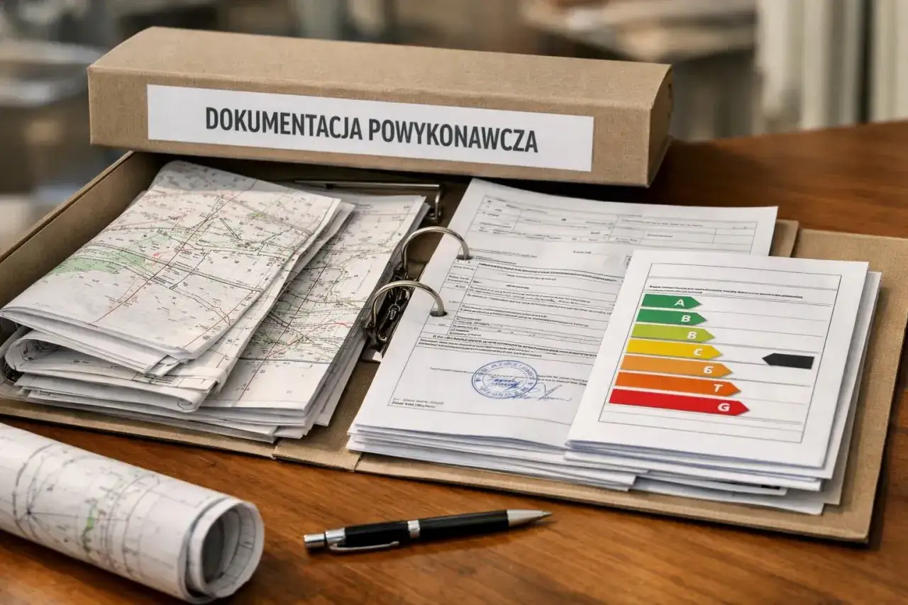 Otwarty segregator z dokumentacją powykonawczą, mapami i certyfikatem energetycznym. Długopis leży obok.