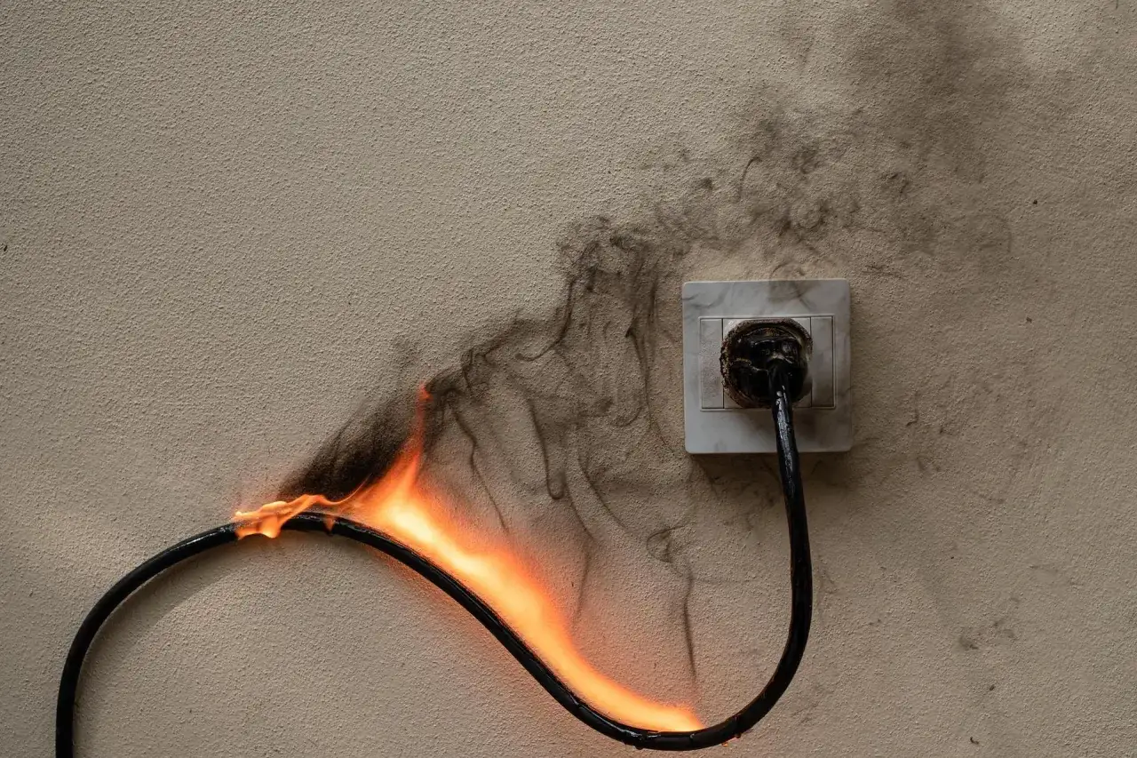 Płonący kabel w gniazdku elektrycznym, wydobywa się dym. To niebezpieczna sytuacja, która może wymagać interwencji rcd.