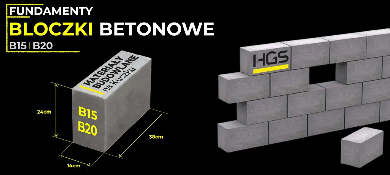Fundamenty: bloczki betonowe B15 i B20. Wymiary: 24x14x38cm. Dowiedz się, ile waży bloczek betonowy.