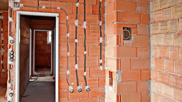 Instalacja elektryczna bezpuszkowa w budowie. Widoczne kable i puszki instalacyjne w ścianach z cegły.