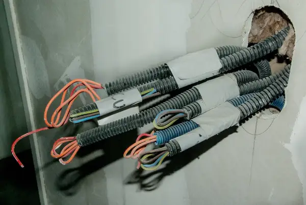 W ścianie widać wiązki przewodów w peszlach. Czy czerwony to plus, czy minus? Instalacja elektryczna w trakcie budowy.