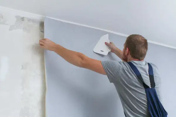 Mężczyzna tapetuje ścianę, wygładzając papier narzędziem. Sprawdź, jaka jest tapetowanie cena za metr kwadratowy.