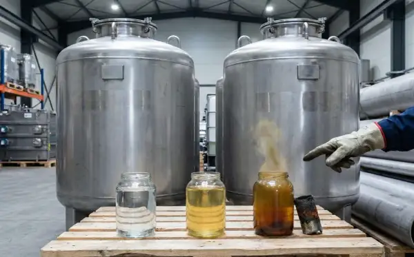 Duże zbiorniki ze stali nierdzewnej, prawdopodobnie do przechowywania substancji chemicznych, obok słoików z płynami i kawałka metalu. Stal 316l jest odporna na korozję.