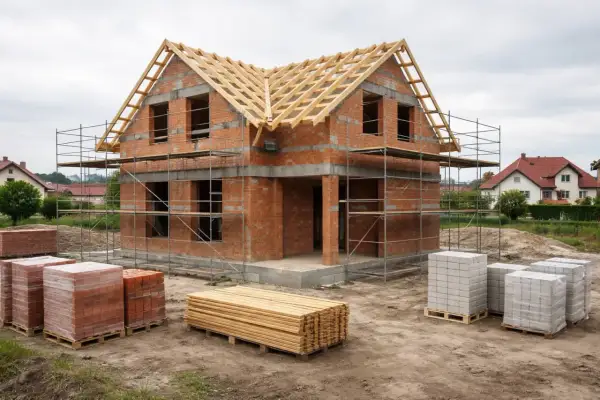 Budowa domu 220m2 w toku. Cegły, pustaki i drewno czekają na użycie.