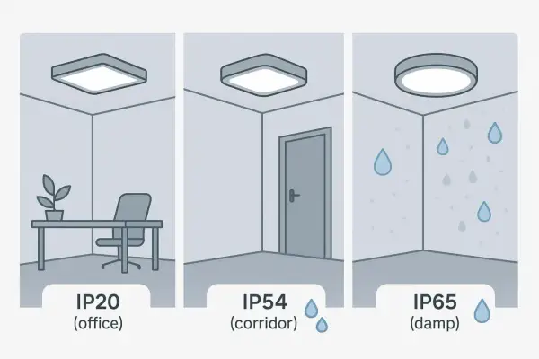 Trzy lampy sufitowe: IP20 w biurze, IP54 w korytarzu, IP65 w wilgotnym pomieszczeniu.