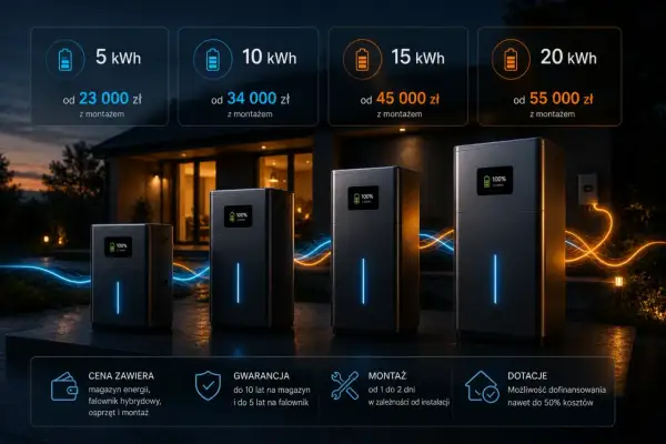 Cztery magazyny energii o różnej pojemności (5-20 kWh) z cenami i informacjami o gwarancji, montażu i dotacjach.