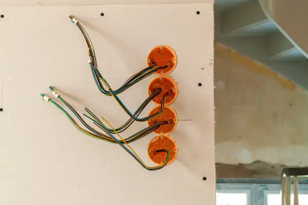 Instalacja elektryczna w trakcie budowy. Widoczne puszki instalacyjne i kolorowe przewody.