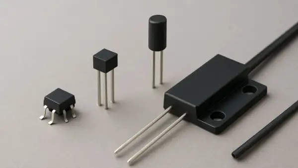 Różne rodzaje czujników magnetycznych: miniaturowe obudowy z wyprowadzeniami, cylindryczny element oraz większy moduł z dwoma bolcami, przypominające działaniem kontaktron.