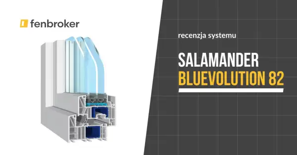 Przekrój okna Salamander Bluevolution 82, prezentujący jego wielokomorową konstrukcję i energooszczędne szyby.