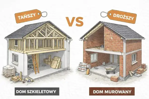Porównanie budowy: dom szkieletowy (tańszy) z widoczną drewnianą konstrukcją vs. dom murowany (droższy) z ceglanymi ścianami.
