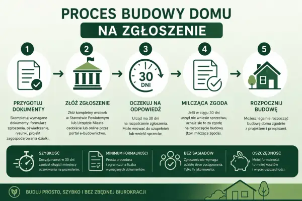 Schemat procesu budowy domu na zgłoszenie: przygotowanie dokumentów, złożenie wniosku, oczekiwanie na odpowiedź (30 dni), milcząca zgoda, rozpoczęcie budowy. Projekt budowlany jest kluczowy.