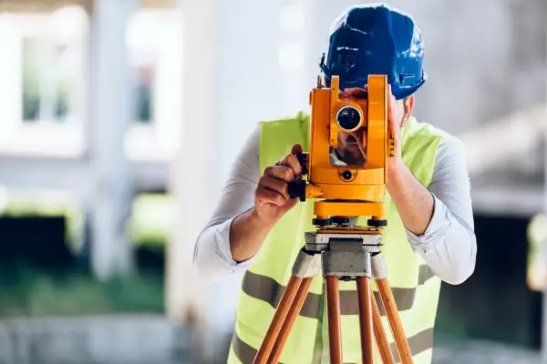 Geodeta w kamizelce odblaskowej i kasku pracuje z tachimetrem. Dowiedz się, ile kosztuje geodeta.