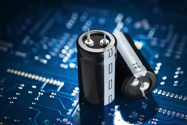 Dwa kondensatory elektrolityczne na tle niebieskiej płytki drukowanej. Różne rodzaje kondensatorów są kluczowe w elektronice.