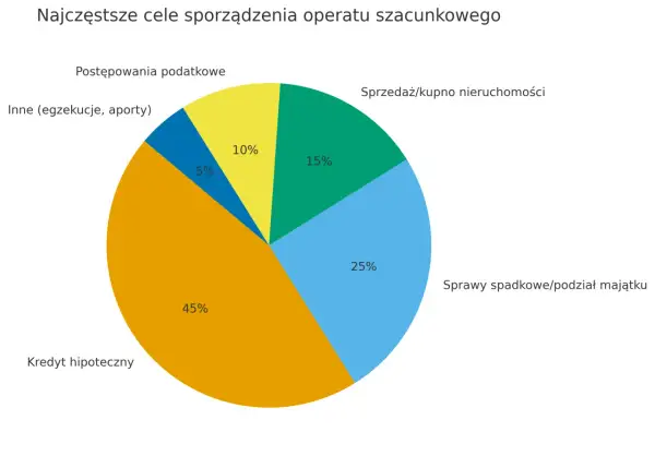 Wykres kołowy pokazuje, ile kosztuje wycena nieruchomości w zależności od celu: kredyt hipoteczny (45%), sprawy spadkowe (25%), sprzedaż/kupno (15%), podatki (10%), inne (5%).