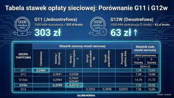 Porównanie taryfy G11 i G12w: G12w jest dwustrefowa, tańsza o 240 zł za 1000 kWh. Tabela pokazuje stawki.