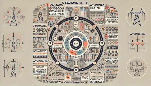 Schemat egzaminu na uprawnienia budowlane elektryczne. Diagram przedstawia zasady, wymagania i odpowiedzialność.