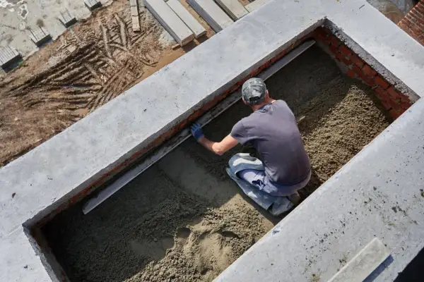 Budowlaniec wyrównuje świeży beton w wykopie. Widać ślady opon na błotnistym gruncie obok.