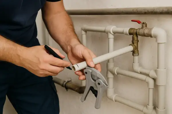 Instalator zaznacza markerem miejsce cięcia na rurze PP, przygotowując ją do montażu instalacji wodnej.