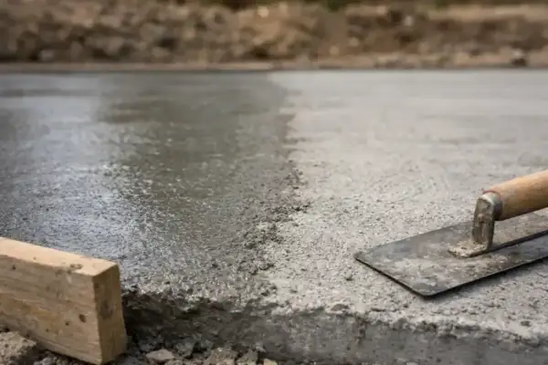 Świeżo wylany, mokry beton czeka na wykończenie. Narzędzia budowlane, jak kielnia i drewniany krawężnik, gotowe do pracy nad szybkim betonem.