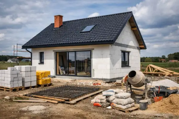 Budowa domu w toku: beton, pustaki, cement i zbrojenie. Zastanawiasz się, ile kosztuje budowa domu?