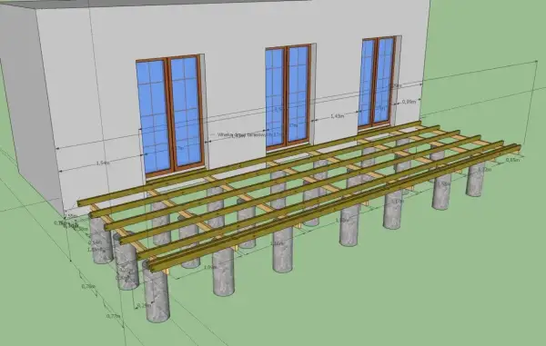 Projekt tarasu z widocznymi legarami podtrzymującymi konstrukcję. Wymiary elementów konstrukcyjnych są zaznaczone na rysunku.