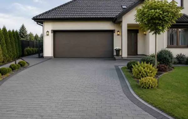 Nowoczesny podjazd z kostki brukowej, świetny pomysł na tani podjazd. Elegancki dom z garażem i zadbanym ogrodem.
