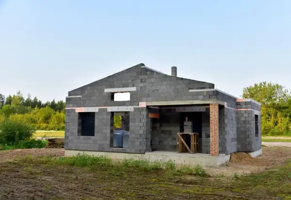 Budowa domu z keramzytu. Widoczne otwory okienne i drzwiowe, szary beton, zielone drzewa w tle.