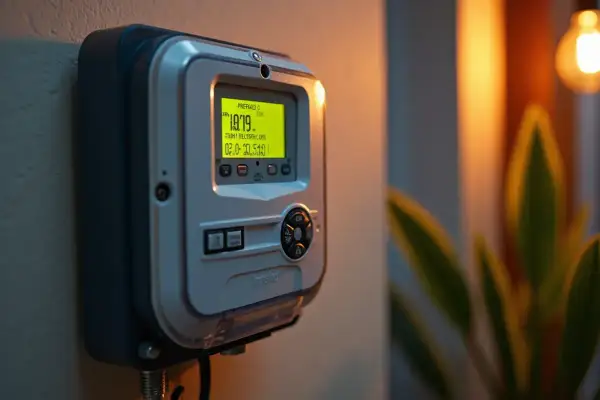 Cyfrowy licznik energii elektrycznej z wyświetlaczem pokazującym stan przedpłaty. Gotowy do doładowania licznika przedpłatowego.