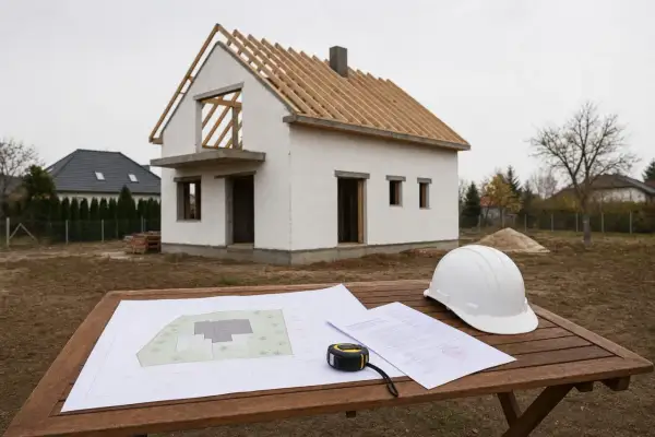 Plany i biały kask budowlany leżą na stole obok domu w budowie. Czy to dom bez pozwolenia?