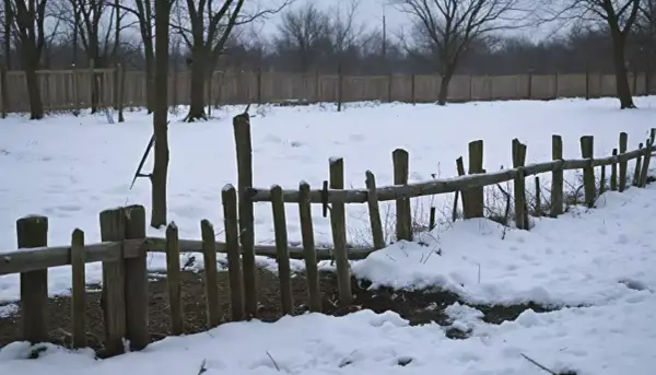 Drewniany płot z nierównymi słupkami, otoczony śniegiem i nagimi drzewami.