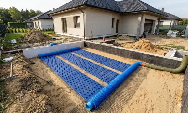 Budowa domu z fundamentami i instalacją gruntowego wymiennika ciepła. Niebieskie maty z otworami i rury tworzą system.