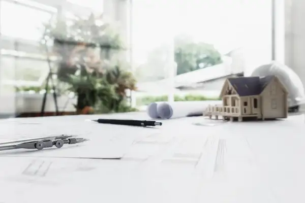 Model domu, cyrkiel i plany architektoniczne na stole. W tle okno z zielenią. Projekt uwzględnia nieprzekraczalna linia zabudowy.