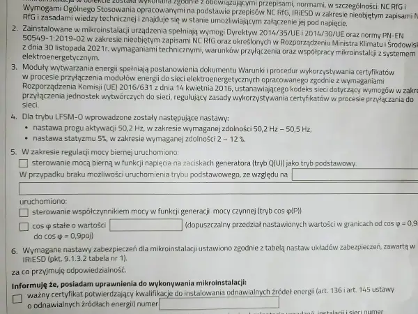 Formularz zgłoszenia mikroinstalacji Tauron. Dokument zawiera informacje o wymaganiach technicznych i przepisach dotyczących przyłączenia urządzeń.