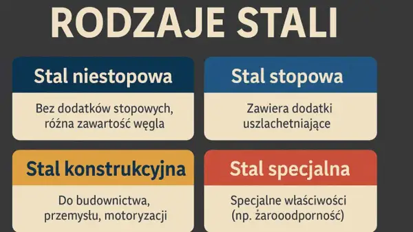 Rodzaje stali: niestopowa, stopowa (zawiera dodatki uszlachetniające), konstrukcyjna i specjalna.