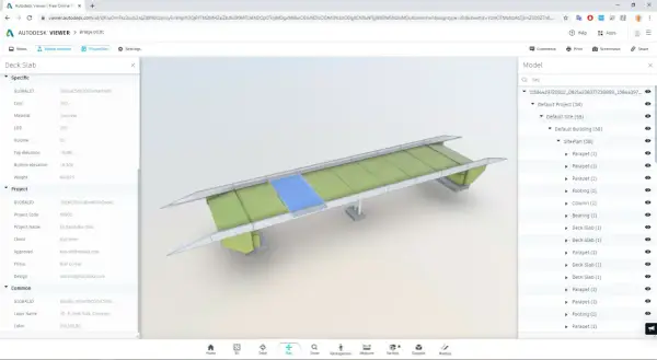 Program do projektowania prezentuje model mostu z widocznymi elementami, takimi jak płyty pomostu i podpory.