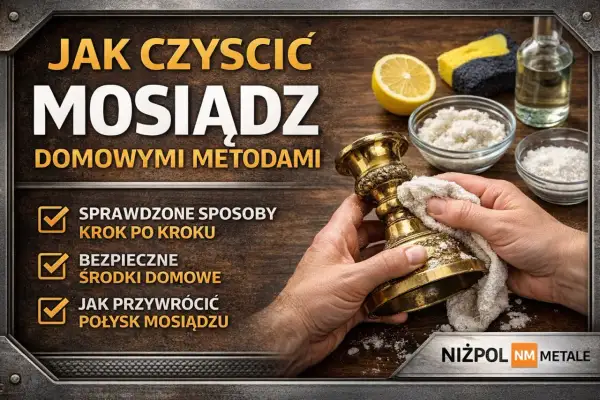 Czyszczenie mosiądzu domowymi sposobami. Dłonie polerują ozdobny świecznik, obok cytryna, sól i gąbka.